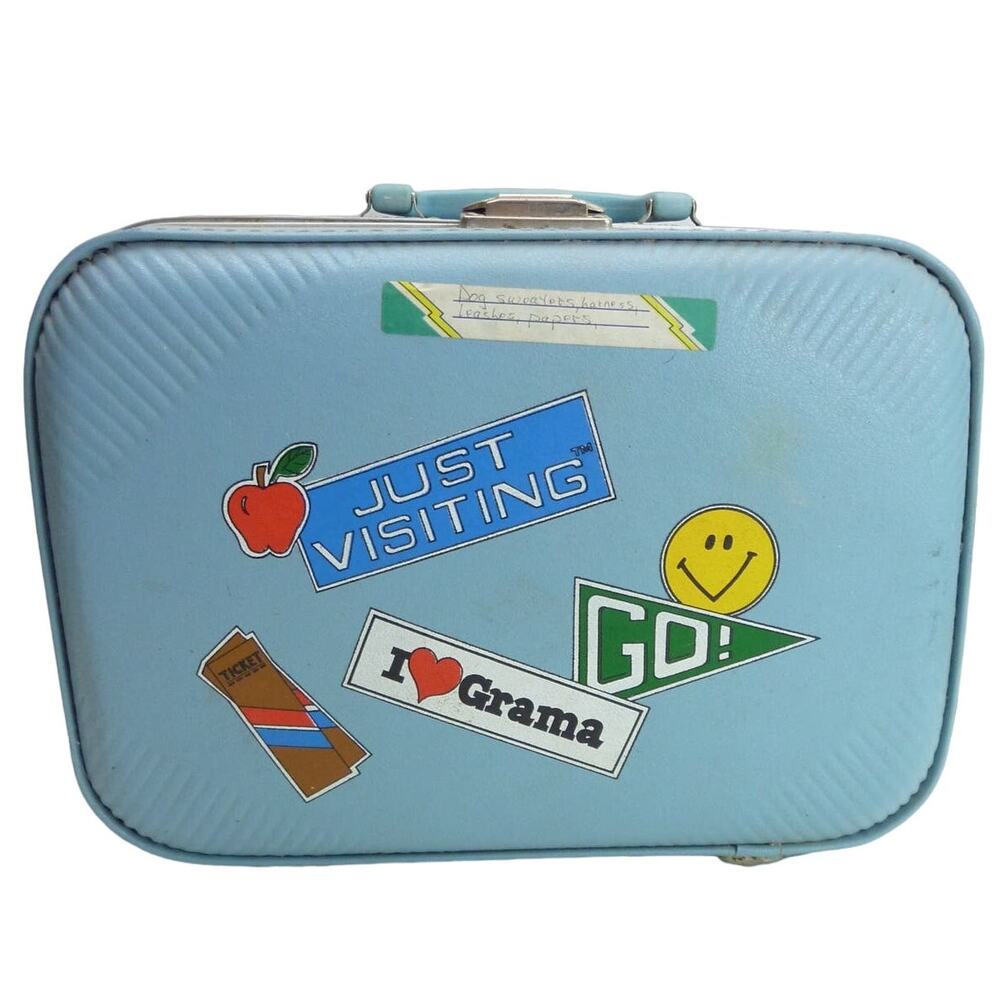Vintage Blue Hard Shell Childrens Suitcase I Heart Grama Retro Travel Storage